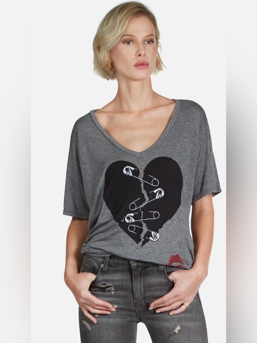 Lauren Moshi/Heather Grey/Brixton Safety Pin Heart Gray/V-Neck T-Shirt/NWT/XL!!